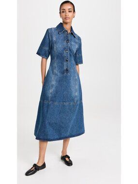 NWT CO Half-Placket Short Sleeve Denim Midi Shirtdress Indigo Womens Size XS